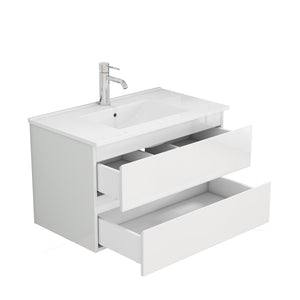 English Elm 31.5-inch Modern Bathroom Vanity with Integrated Ceramic Basin, Soft-Close Drawers, Black Accents Glossy White 35.04 L x 21.06 W x 6.89 H W3151S00064