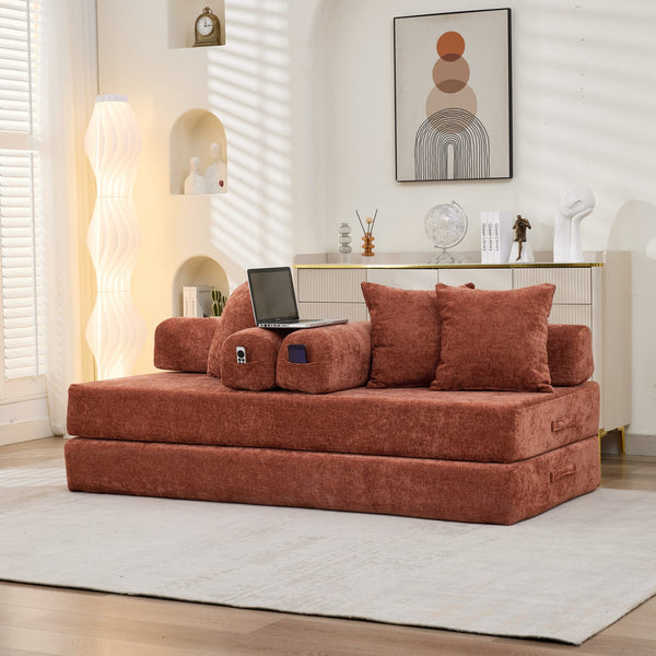 English Elm Comfy Convertible Folding Mattress Couch with Chenille Fabric, Space-Saving Floor Sofa Bed for Small Spaces Orange W1143P364841
