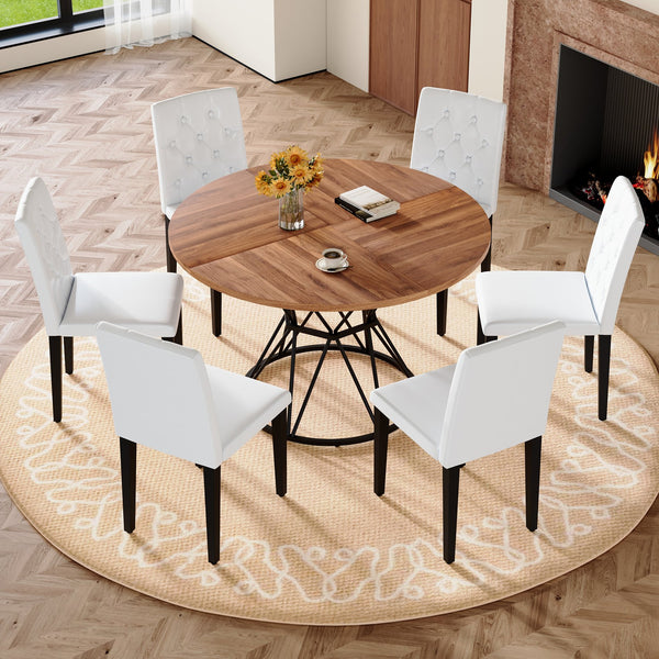 English Elm Table Set Walnut Round Dining for 6 with White Pu Chairs and Matte Black Metal Base W1151S04850