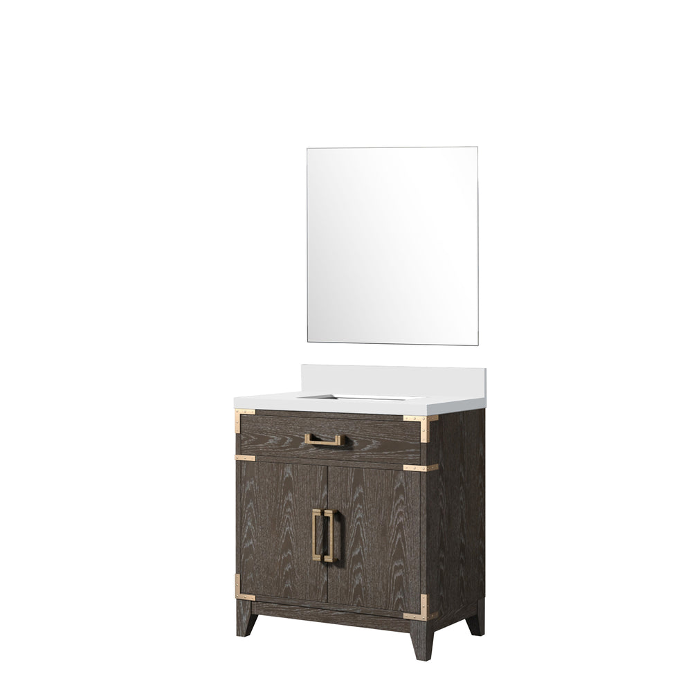 English Elm Brown Oak Single Bath Vanity With Cultured Marble Top & Framed Mirror - Stylish Storage Solution! B2731S01455