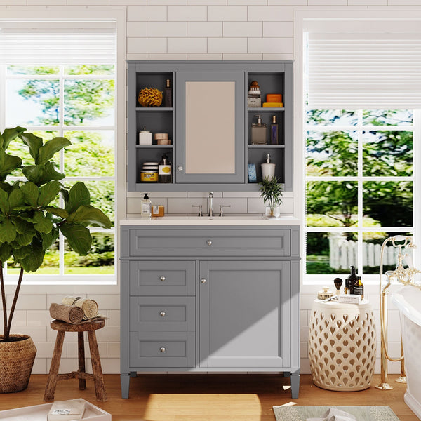 English Elm 36'' Bathroom Vanity With Medicine Cabinet - Modern Grey Storage Solution With Soft-Closing Design SW000134AAE-3