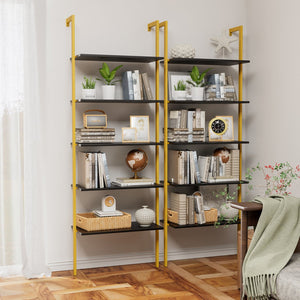 English Elm Industrial Ladder 5-Tier Wall-Mount Bookshelf with Metal Frame, MDF Shelves, Space-Saving Vertical Storage, Black/Golden Finish W578P357543