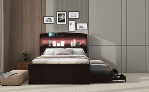 English Elm Twin XL Platform Bed with LED Headboard, Built-In Charging Station, Trundle & 2 Drawers for Space-Saving Bedrooms Dark Brown GX001829AAP