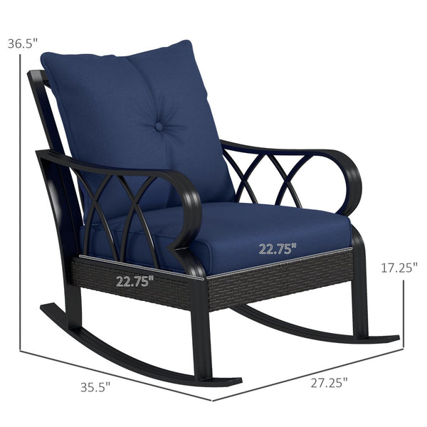 English Elm Outsunny Outdoor Wicker Rocking Chair With Plush Cushions - Stylish Garden & Patio Rocker In Navy Blue W2225P174017-GIGA