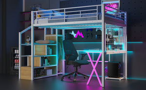 English Elm Full Full Size Metal Loft Bed with Built-In Desk, Wardrobe & Stair Storage, LED Lights, Space-Saving White GX000663AAK