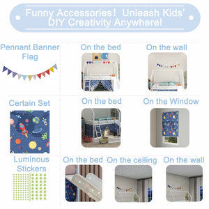 English Elm Jack Metal Junior Twin Loft Bed With Slide, Curtain Set, Pennant Banner & Star Stickers - White/Blue B083P354664