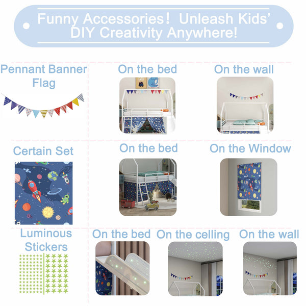 English Elm Jack Metal Junior Twin Loft Bed With Slide, Curtain Set, Pennant Banner & Star Stickers - White/Blue B083P354664