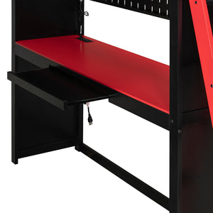 English Elm Full Size Wood Loft Bed with Wardrobe Desk Shelves Rgb Lighting and Blackout Curtains Black+Red LT000269AAJ-1