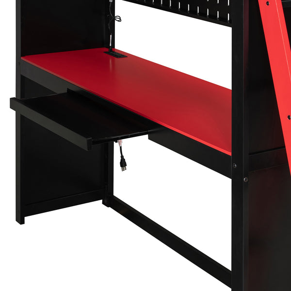 English Elm Full Size Wood Loft Bed with Wardrobe Desk Shelves Rgb Lighting and Blackout Curtains Black+Red LT000269AAJ-1