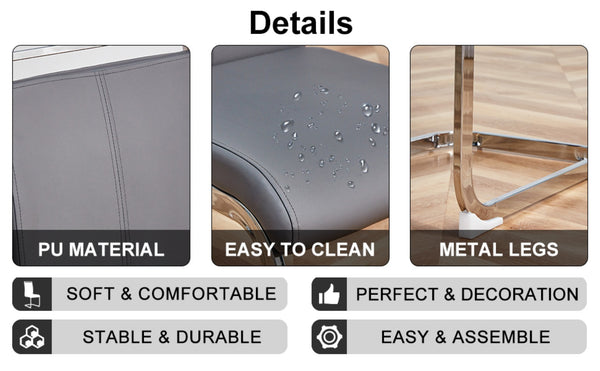 English Elm Table & 6 Dark Gray Pu Chairs Set - Modern Glass Top With Marble Pattern & Stainless Steel Legs W1151S02610-GIGA