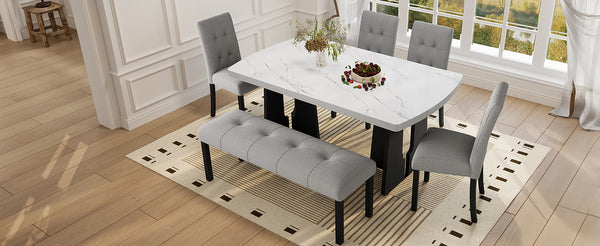 English Elm 6 Piece Dining Set with Rectangular Solid Wood Table, Upholstered Chairs & Bench, Rustic Charm, Easy Assembly, Seats 6 Gray,White N752S000011E