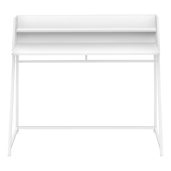 English Elm Computer Desk For Home Office - Modern White Laminate Design With Open Storage Shelves & Metal Frame B2710P219831