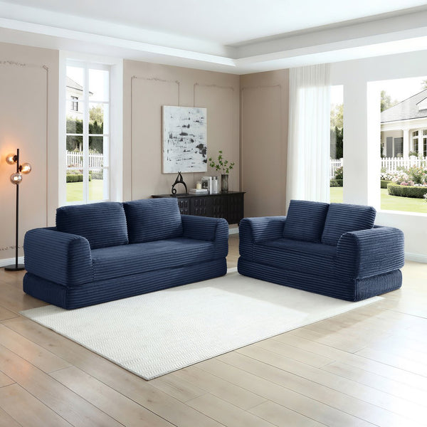 English Elm 2-in-1 Corduroy Futon Sofa Sleeper Modular Floor Couch for Studio and Guest Living Spaces Blue W1117S00375