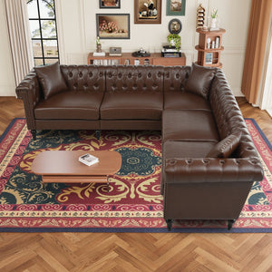 English Elm Sectional Chesterfield Sofa with Tufted Back Nailhead Trim Pu Leather 5 Seat Living Room Dark Brown W680S00113