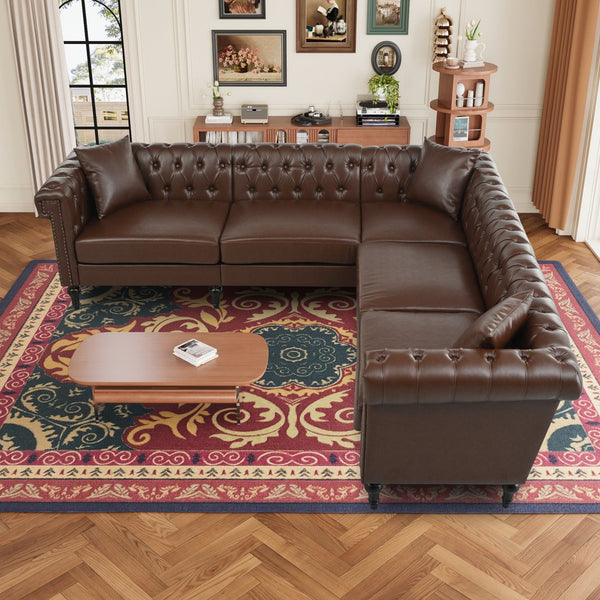 English Elm Sectional Chesterfield Sofa with Tufted Back Nailhead Trim Pu Leather 5 Seat Living Room Dark Brown W680S00113