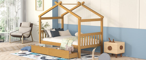 English Elm Twin House Bed Solid Pine Kids Cottage Frame with Storage Drawers Imaginative Room N708P309245M