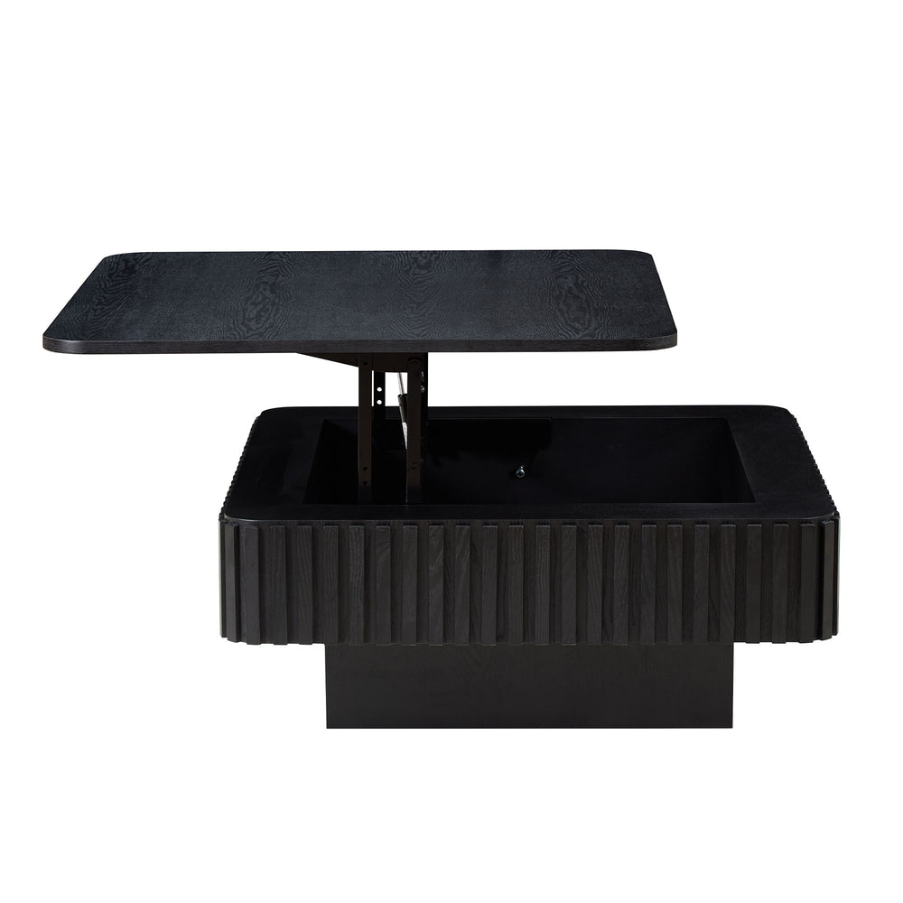 English Elm 35.43 Inch Square Lift Top Coffee Table Wood Veneer Hidden Storage Modern Living Room Black W2582P401472
