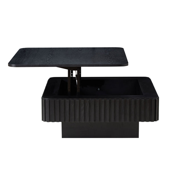 English Elm 35.43 Inch Square Lift Top Coffee Table Wood Veneer Hidden Storage Modern Living Room Black W2582P401472