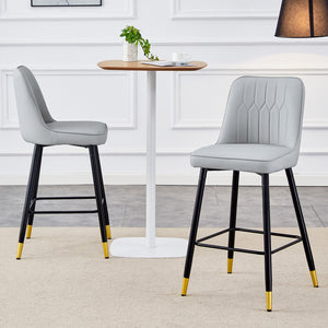 English Elm Modern Light Gray Pu Bar Stool - Gold Decorated Legs With Comfortable Resting Beam.Light Gray,Black Metal Legs,,Bar Stool.Set Of 2 Chairs.