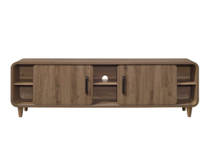English Elm 1pc Mid-century Wooden Tv Stand with Sliding Doors Tapered Legs Warm Brown Finish B2741P482245