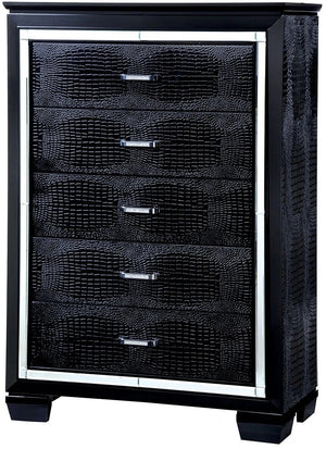 English Elm 1pc Crocodile-Embossed Chest with Diamond-Crusted Handles, Silver-Lined Panels, Glam Contemporary Appeal Black 42 L x 22 W x 59 H B2741P367880