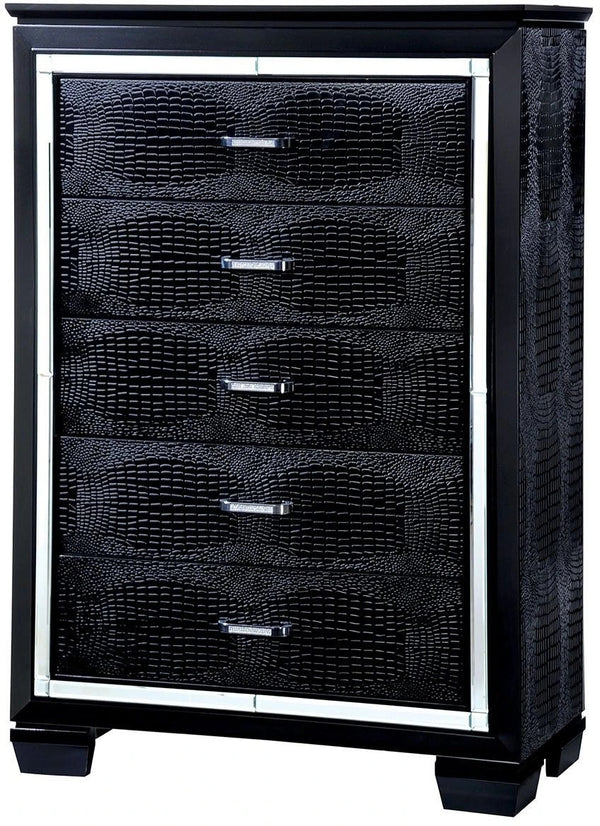 English Elm 1pc Crocodile-Embossed Chest with Diamond-Crusted Handles, Silver-Lined Panels, Glam Contemporary Appeal Black 42 L x 22 W x 59 H B2741P367880