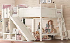 English Elm Queen Solid Pine Loft Bed with Wardrobe Shelves Detachable Slide and Dual Sleeping Zones Beige W5305S00028