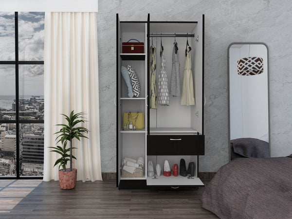 English Elm Armoire, Spacious Engineered Wood Wardrobe with Two Drawers, Hanging Rod and Hidden Storage Appeal Black 71.65 L x 22.83 W x 3.54 H B097S00164