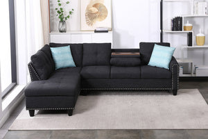 English Elm Black Faux Leather L Shaped Sectional with Cup Holders Nailhead Trim Storage Charcoal Grey B2730S00029