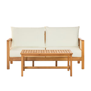 English Elm 2 Piece Outdoor Acacia Wood Loveseat and Coffee Table Set with Textilene Weave Cushions Brown,Teak+ Beige N768P368824T
