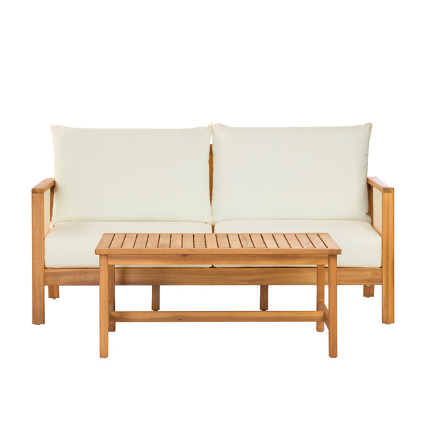 English Elm 2 Piece Outdoor Acacia Wood Loveseat and Coffee Table Set with Textilene Weave Cushions Brown,Teak+ Beige N768P368824T