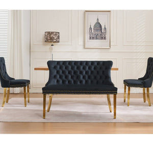 English Elm Velvet Double Dining Loveseat Bench - Luxurious Black Tufted Seating With Gold Legs For Modern Homes W1143P362523-GIGA