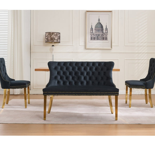 English Elm Velvet Double Dining Loveseat Bench - Luxurious Black Tufted Seating With Gold Legs For Modern Homes W1143P362523-GIGA