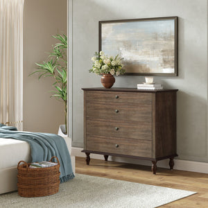 English Elm Large Antique Style 4-drawer Chest with Crown Molding Roman Legs Bedroom Storage Deep Rustic Brown W1445P422422