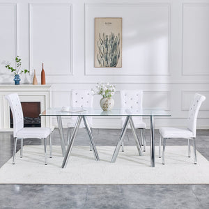 English Elm 71-inch Tempered Glass Dining Table Electroplated Metal Base Open Airy Modern Style White W3875S00005