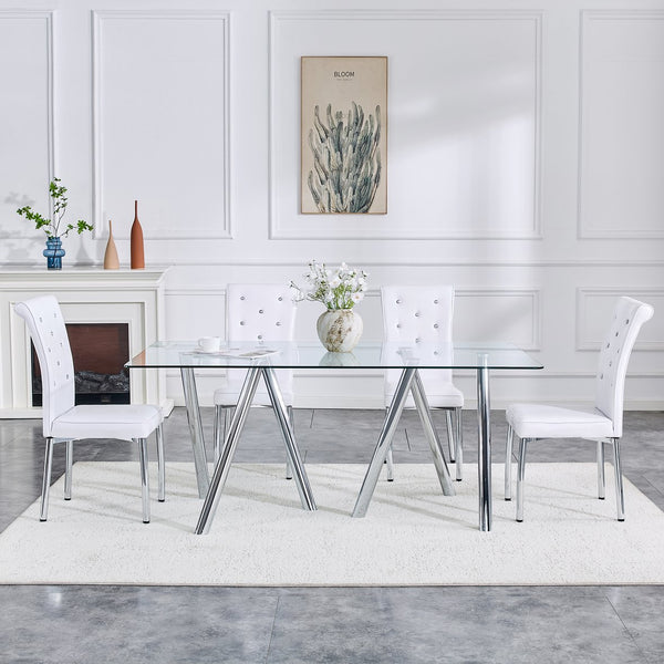 English Elm 71-inch Tempered Glass Dining Table Electroplated Metal Base Open Airy Modern Style White W3875S00005