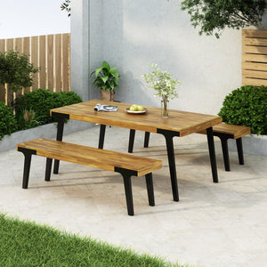 English Elm Christopher Knight Home® - 1 Acacia Outdoor Dining Table with 2 Benches - UV‑Treated Polywood Slats, Rust‑Resistant Metal Frame, Seats 6 74323.00_74322.00