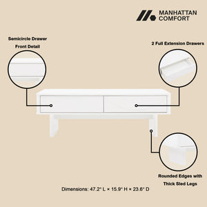 English Elm Ella 47" Coffee Table with Full-Extension Drawers, Open Shelf & Rounded Edges for Modern Living White B365S00062
