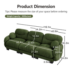English Elm Pleated Chenille Three Seater Modular Sofa with Ergonomic Foam and Curved Armrests Green W5656S00049