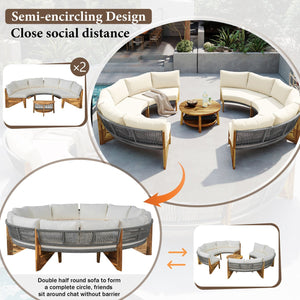 English Elm U_style Circular Patio Sofa Set Pp Rope Woven Steel Frame Acacia Wood Resort Lounge Beige WY000468AAA