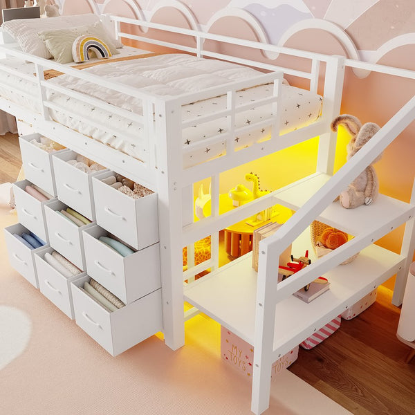 English Elm Twin Metal Low Loft Bed with Storage Stairs Fabric Drawers and Built-in Lights Light White W5305S00044