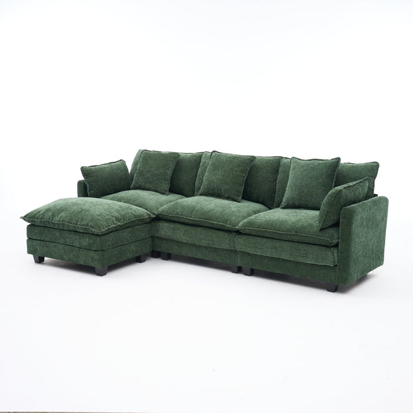English Elm Beige Chenille Sectional Sofa with Modular Ottoman for Living Room or Studio Dark Green W2603S00004