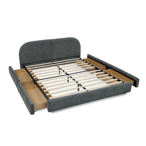 English Elm Queen Platform Bed Curved Headboard Circle Yarn Fabric with Four Wheeled Storage Drawers Dark Gray W487S00479