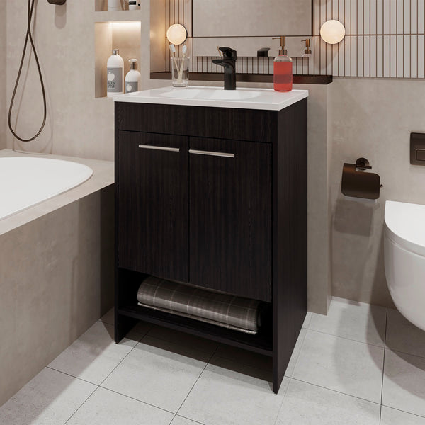 English Elm Shell Space-Saving Bathroom Vanity with Soft-Close Doors and Open Shelf, Scratch-Resistant Finish Wenge 37 L x 23 W x 13 H B128P314798
