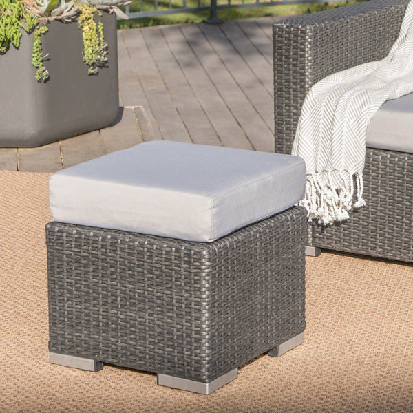 English Elm Christopher Knight Home® - SANTA modern SANTA ROSA 16 Grey+Silver PE Rattan Patio Ottoman with Iron Frame and Waterproof Fabric Cushion (17.5x13.75) 62570.00GRY