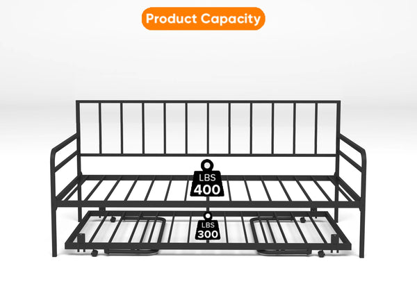 English Elm Twin Daybed with Drawers and USB Charging Station, Metal Frame, Upholstered Headboard, LED Mood Lighting Black W2129P244576