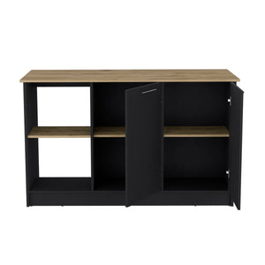 English Elm Kitchen Island With Ample Countertop, Open Shelves & Double Door Storage – Sleek Black & Macadamia B097S00185