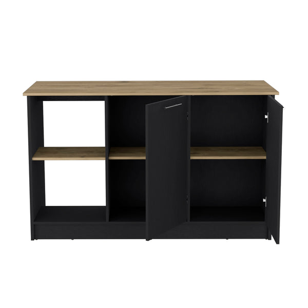 English Elm Kitchen Island With Ample Countertop, Open Shelves & Double Door Storage – Sleek Black & Macadamia B097S00185