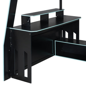 English Elm Full Size Wood Loft Bed with Rgb Lighting Desk and Multi-tier Shelves for Gaming Blue LT000374AAC
