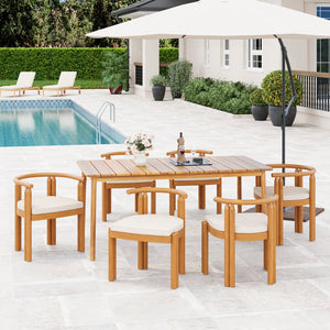 English Elm Christopher Knight Home® - Cove Teak & Beige 7PCS Acacia Outdoor Patio Dining Set – 4 Armless + 2 Armrest Chairs, Table (96) COVE7PCSET